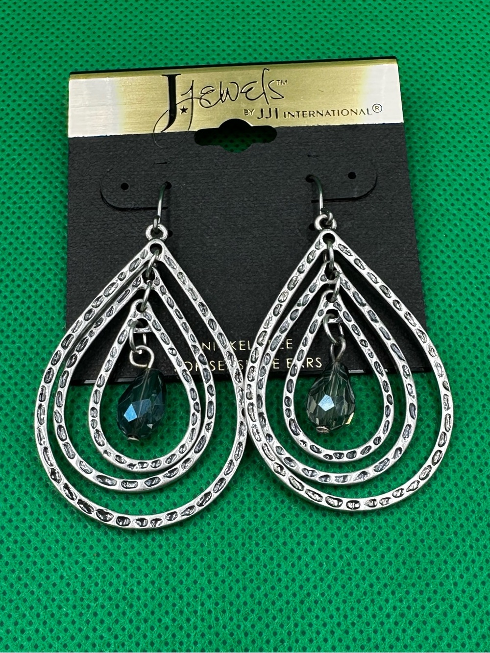 J Jewels Silver Tone Layered Teardrop Dangle Earrings with Teal Crystal